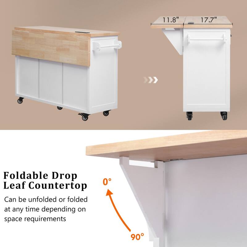 56.5'' Kitchen Island with Drop Leaf, Power Outlet, Embossed Vertical Stripe and Adjustable Shelves