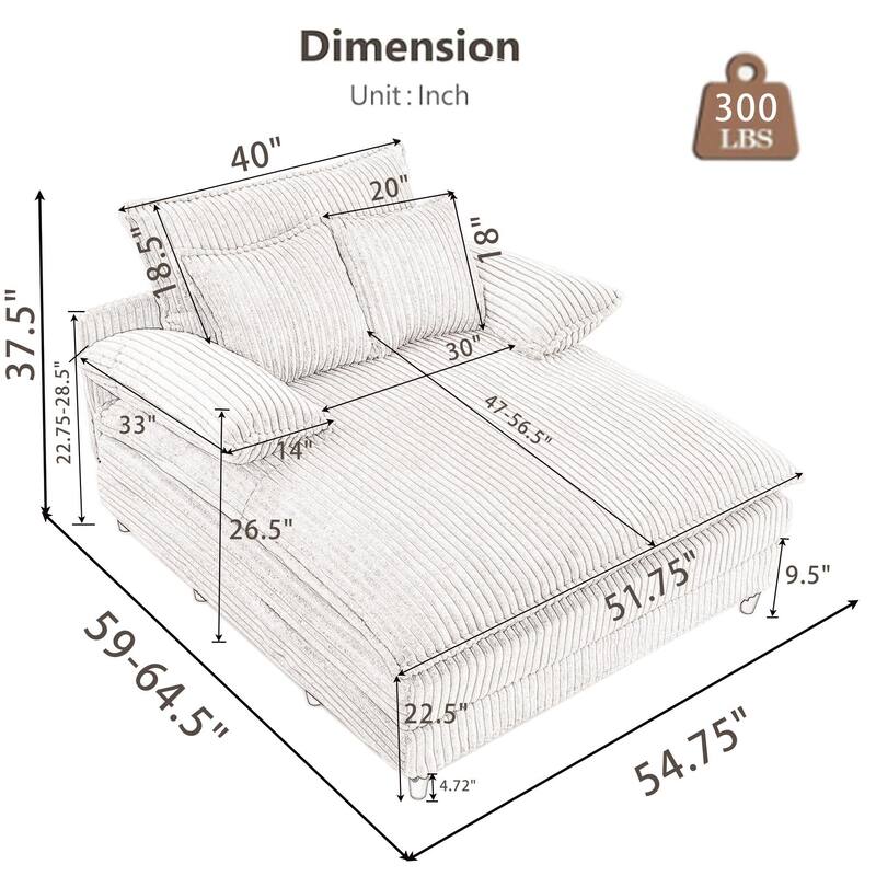54.75" Oversized Chaise Lounge Chair, Fluffy Corduroy Sleeper Sofa with Adjustable Backrest, Deep Seat & 3 Pillows