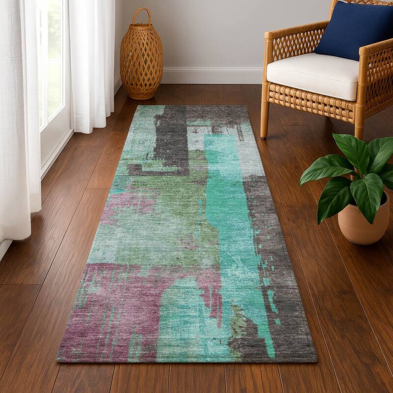 Premium Washable Super Soft Abstract Contemporary Mayfield Rug - Teal - 2'3" x 7'6"