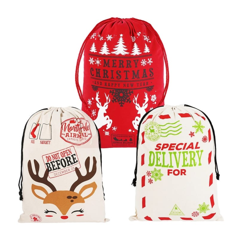3 Packs Santa Sack, Large Christmas Canvas Gift Bag with Drawstring 26" x 19" for Hoilday Party Supplies - Multicolor
