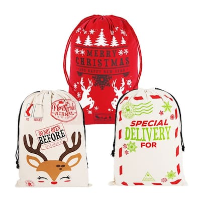 3 Packs Santa Sack, Large Christmas Canvas Gift Bag with Drawstring 26" x 19" for Hoilday Party Supplies - Multicolor