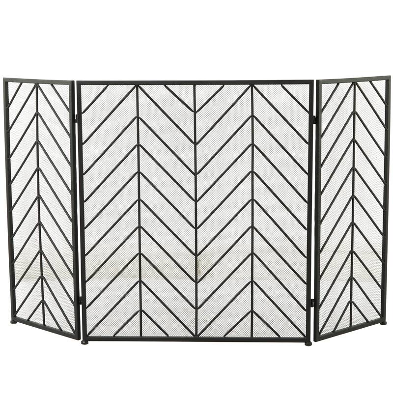 Metal Geometric Foldable Mesh Netting 3 Panel Fireplace Screen with Chevron Pattern - Gold, Black or Silver - Roche River Decor - Black