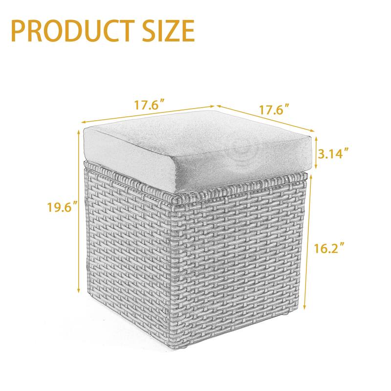 Outdoor Patio PE Wicker Ottoman with Cushion Set of 2