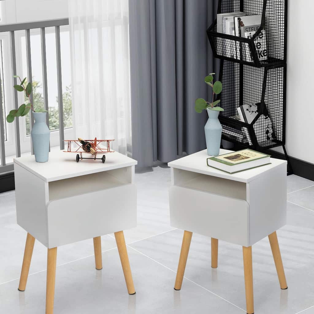 2-Piece White Nightstand Set with Drawer & Shelf, Modern Bedside Tables