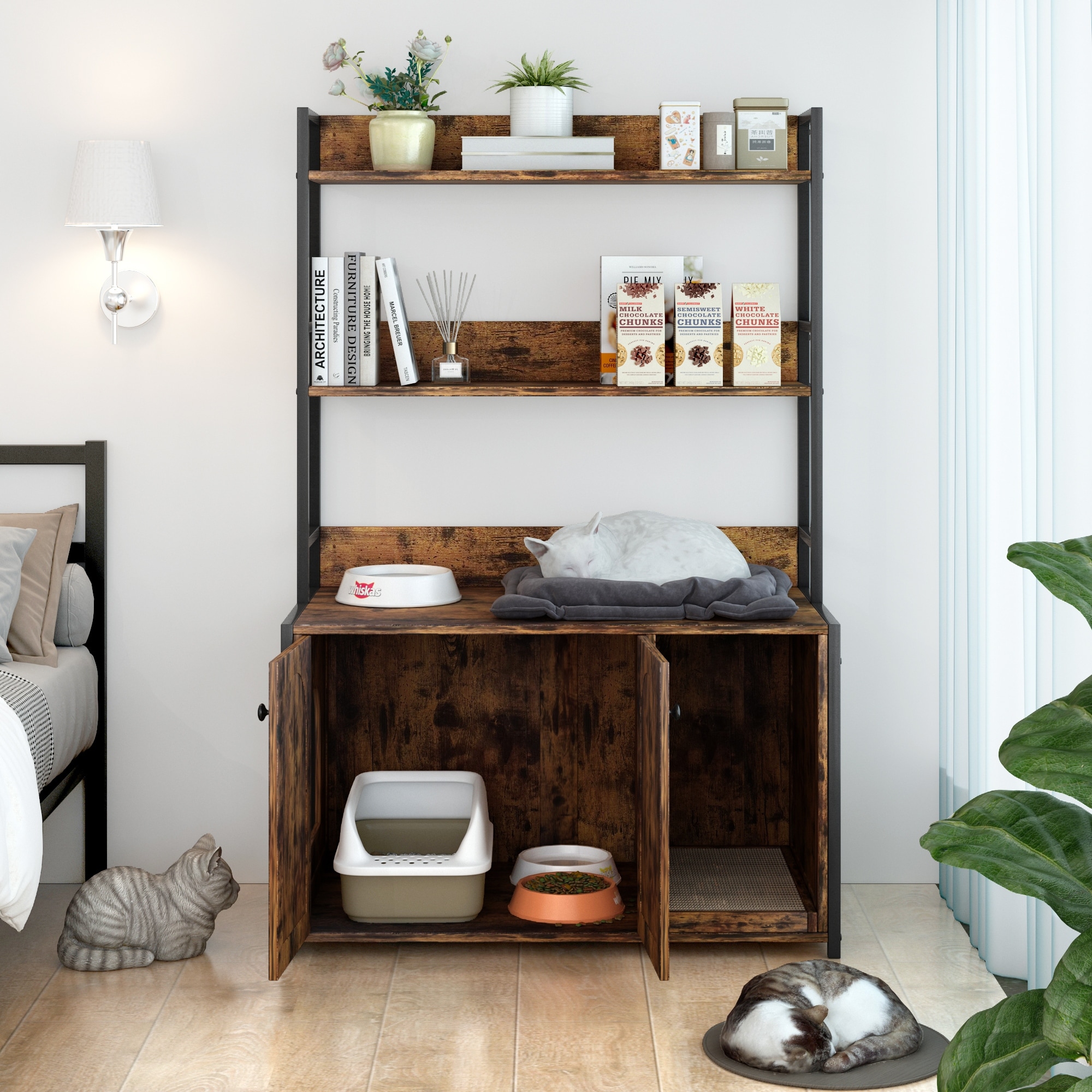 Large Cat Litter Box Enclosure With Shelf Storage and Scratch Pad