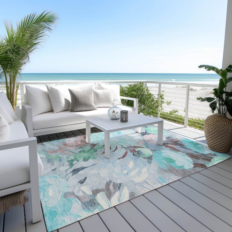 Machine Washable Indoor/ Outdoor Watercolor Floral Chantille Rug