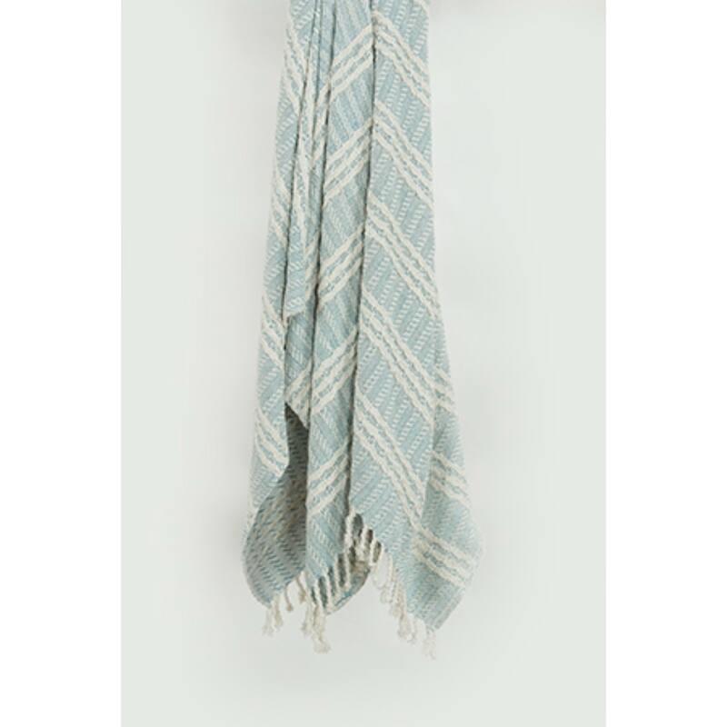 HomeRoots 50" X 60" Light Blue And Ivory Striped Cotton Throw Blanket with Fringe