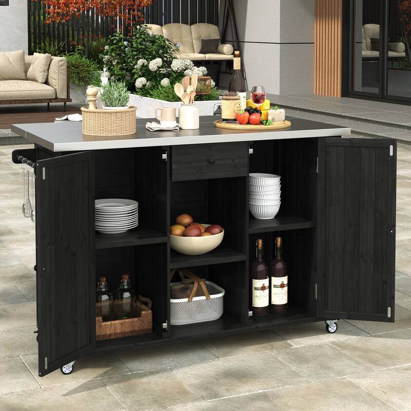 Outdoor Kitchen Island Fir Wood Kitchen Island with Stainless Steel Top, Ample Storage Space, Towel and Spice Racks