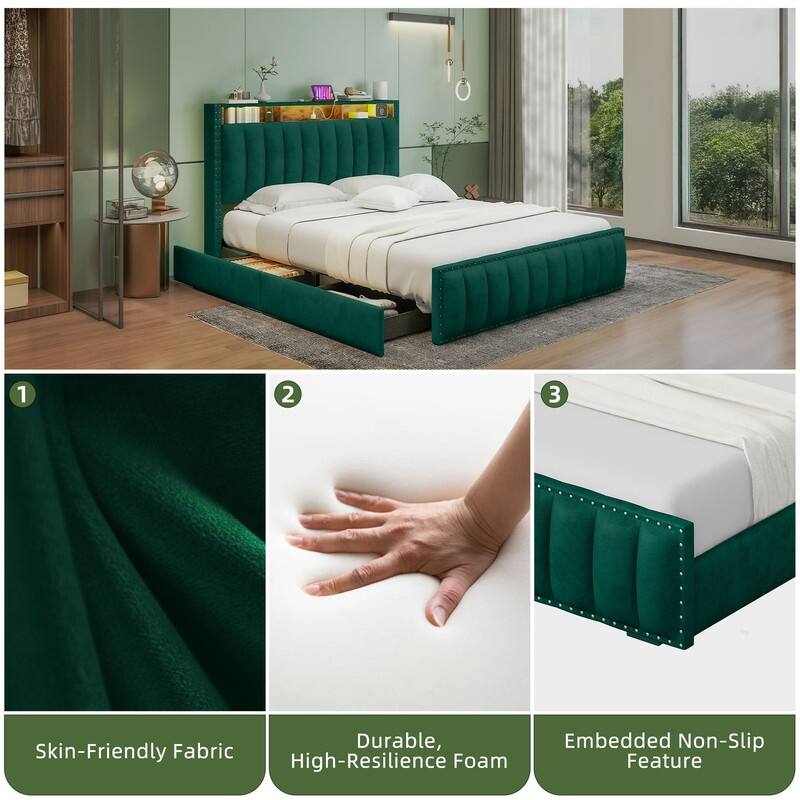 Full / Queen / King Size Platform Bed Frame with Upholstered Storage Headboard and 4 Drawers