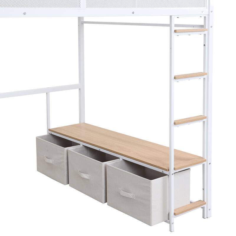 Full Size Metal Loft Bed with LED, Desk, Wardrobe, and Storage Drawers, White