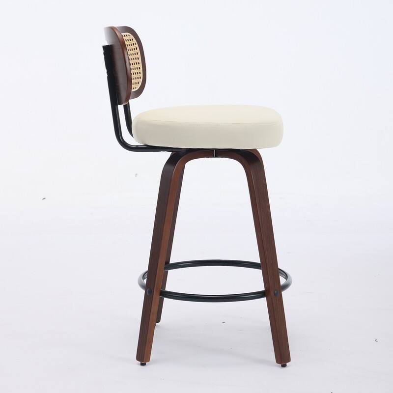 26" Swivel Rattan Bar Stools - Walnut Finish Counter Height Stools with Upholstered Seat