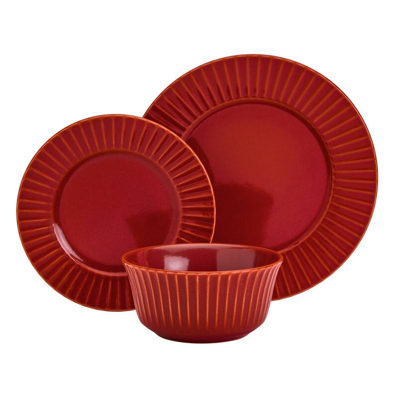 Tabletops Gallery Richmond Collection- 12 Piece Stoneware Embossed Dinnerware Set in Red