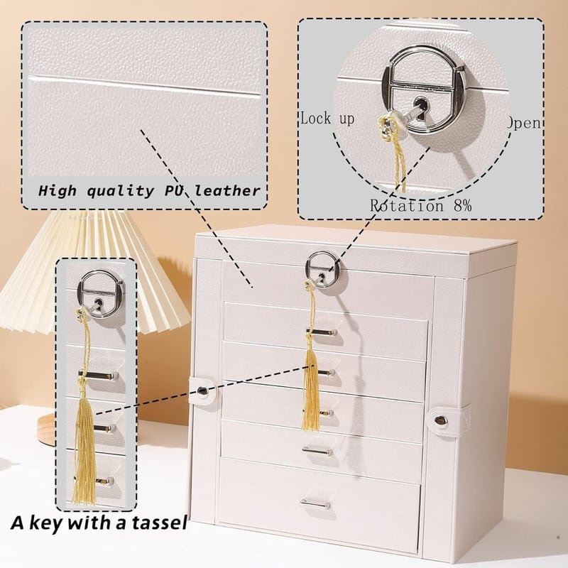 6 Layer Large Jewelry Organizer With Mirror - 6.6"D x 10.6"W x 11"H