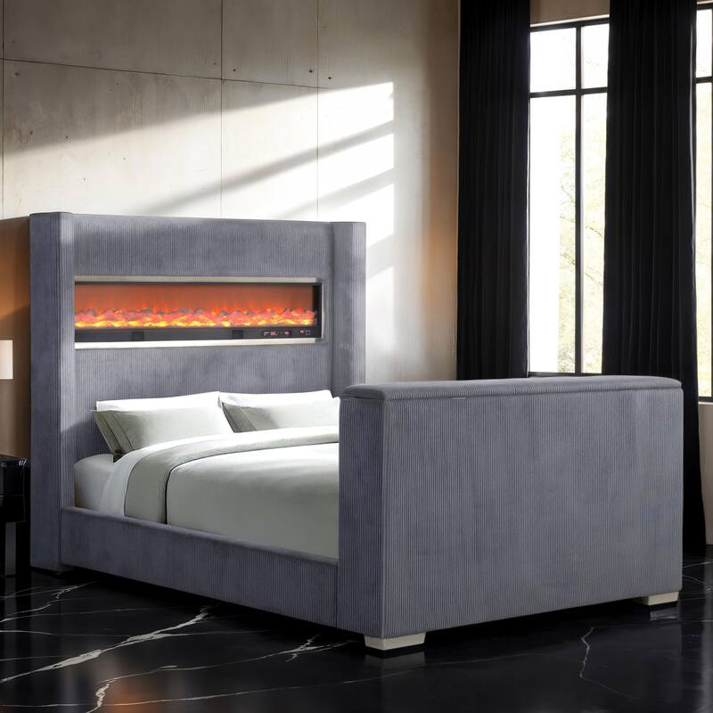 Furniture of America Gaia Modern Chenille Bed with 50-inch TV Lift and 3D Fireplace Simulator - Grey - Queen