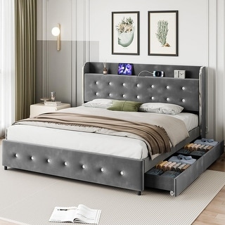 Bed Frame with Diamond Tufted Headboard and Trundle