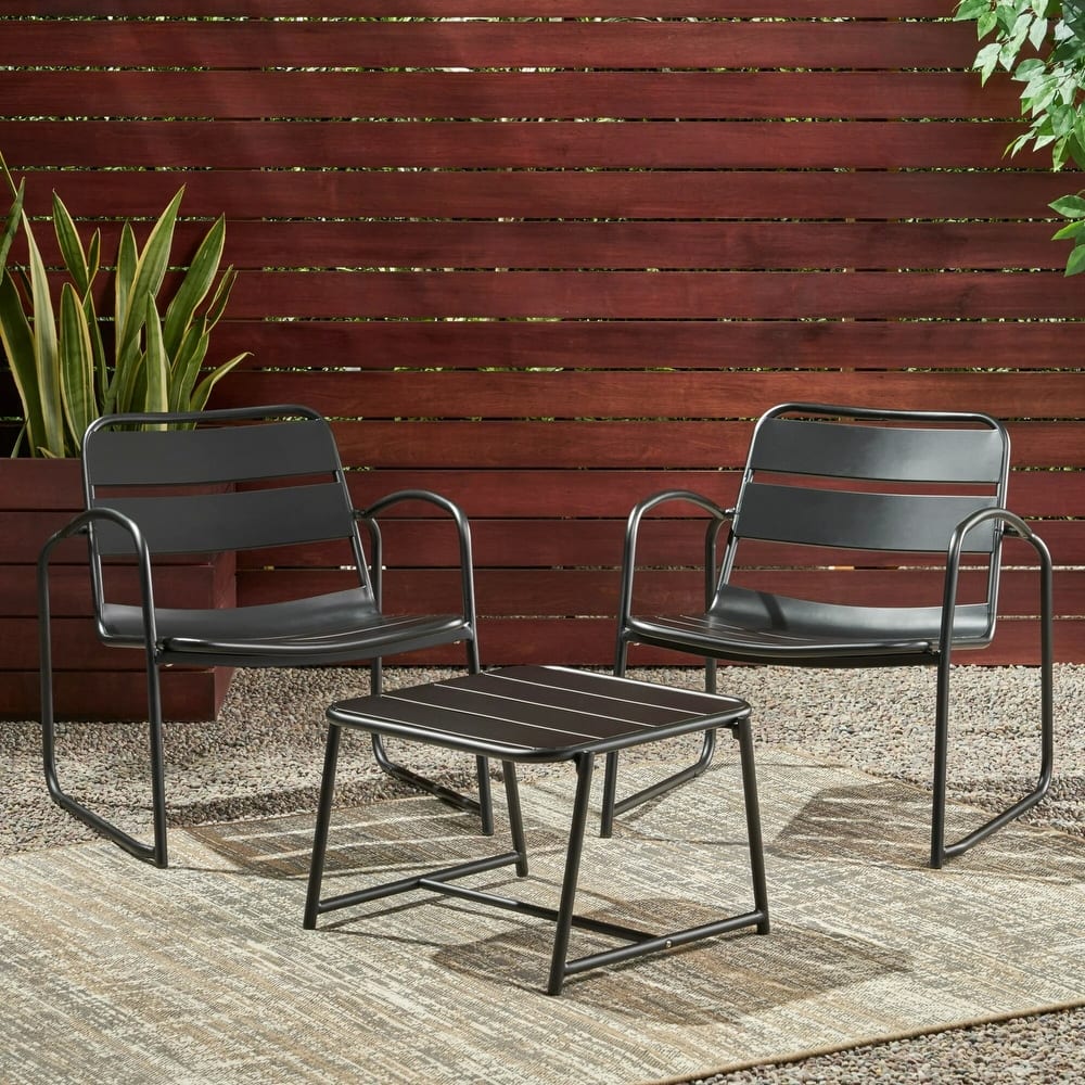 Roomfitters Outdoor Chat Set 3 Piece Metal Conversation Seating Slat Design Iron Chairs