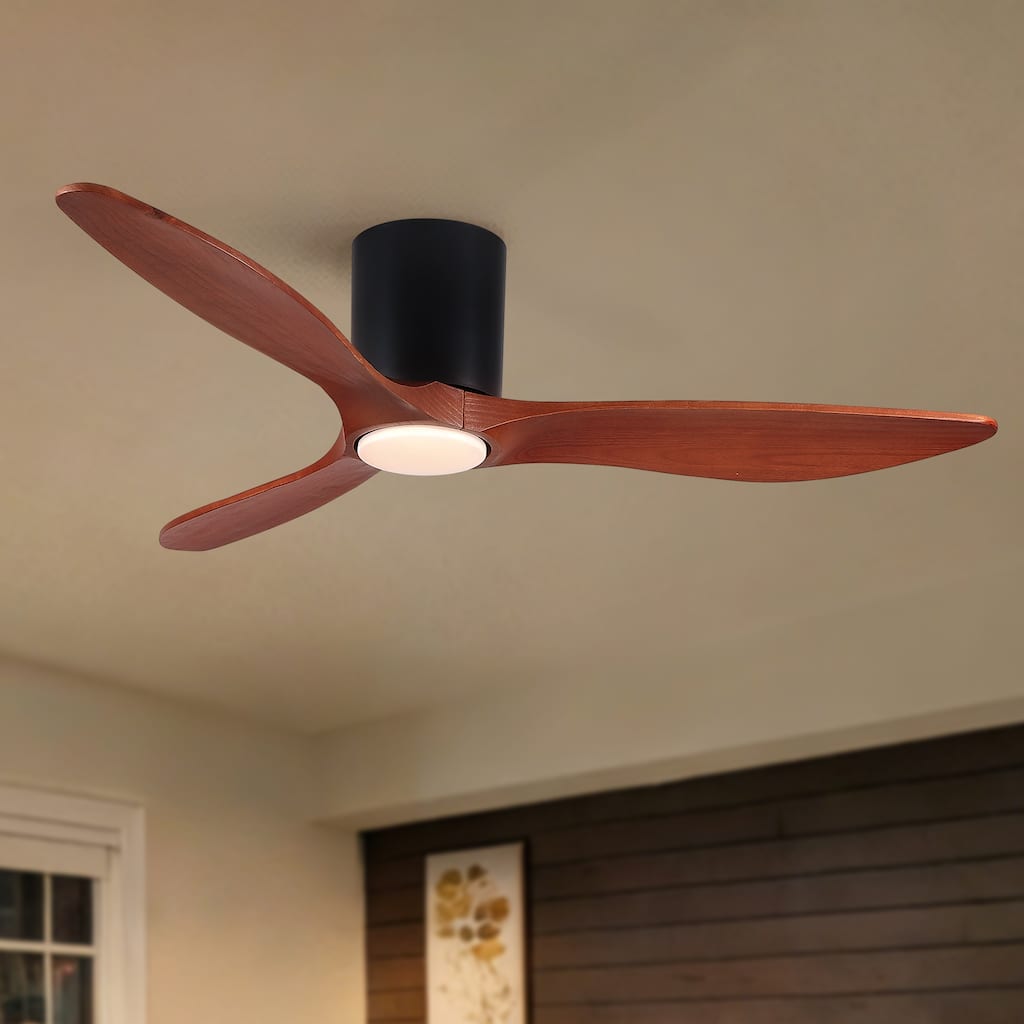 52" Mordern Farmhouse Retro Solid Wood Low Profile Flush Mount Ceiling Fan with Light and Reversible Quiet Motor