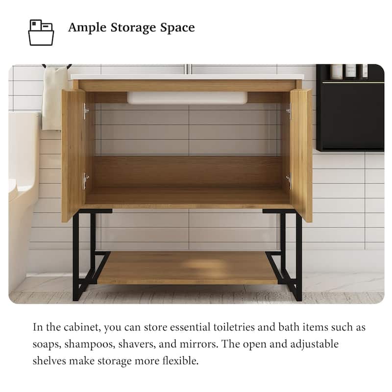 Freestanding Bathroom Vanity Set in Oak with Integrated Solid Surface Sink
