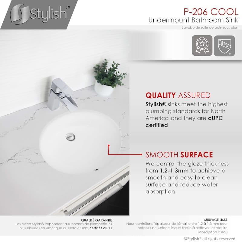 STYLISH 19.5 inch Oval Undermount Porcelain Bathroom Sink with 2 Overflow Finishes