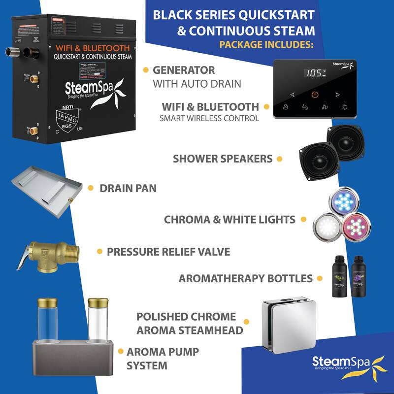 Black Series 9KW Steam Bath Generator with Wireless Remote, Bluetooth, WIFI, and Dual Aroma Pump - 9 KW