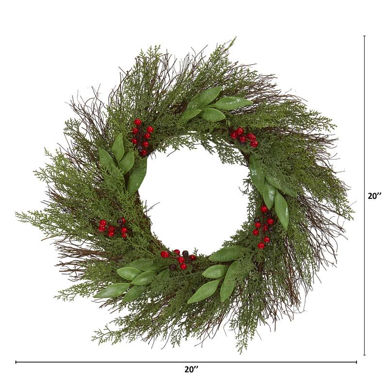 Green Red Artificial Cedar Ruscus with Berries Christmas Wreath, 20"