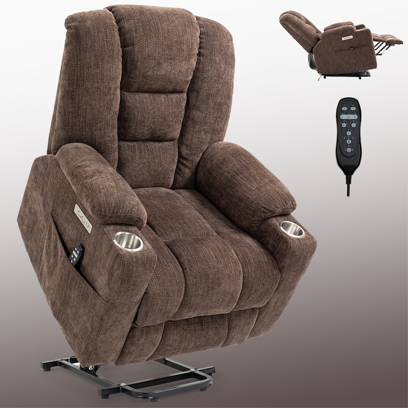 Grey Large Power Lift Recliner Chair with Massage, Heat, Dual USB Ports, Type C Charging, and Cup Holders