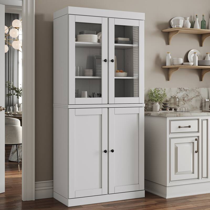 Palace Imports 100% Solid Wood Pantry Cabinet, Shaker & Clear Glass Doors, 2 Drawers, Adjustable Shelves, 32" Wide, 71.5" Tall
