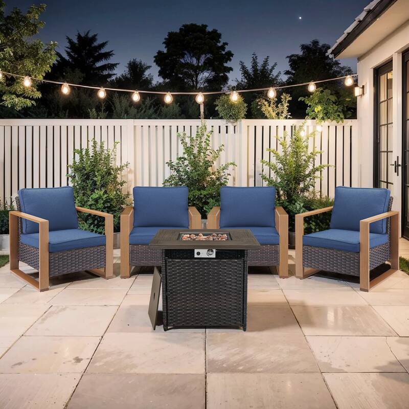 Pocassy Outdoor 30" Fire Pit Table with Sofa Swivel Chair Set - Brown Wicker Blue Cushion - 5-Piece Patio Chair with Suqare Fire Table