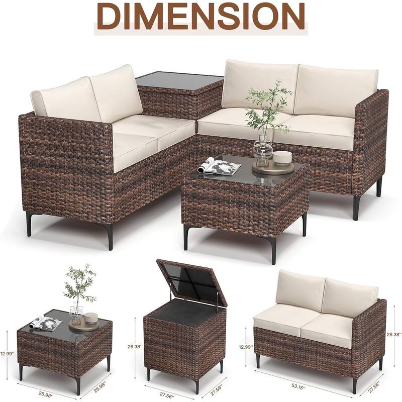 4-Piece Patio Sectional Sofa Set with Coffee Table and Storage Box