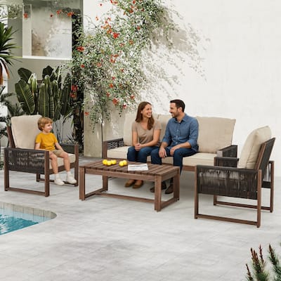 Outdoor 4-Piece Sofa Set with Coffee Table, PE Wicker & Cedar Wood Patio Furniture, Garden Conversation Set with Thick Cushions