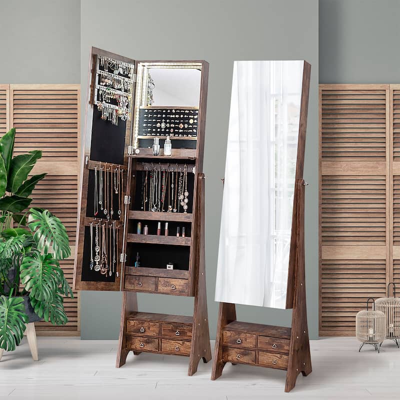 Gymax Jewelry Cabinet Armoire Full Length LED Mirror W/ Makeup Shelf & - Brown