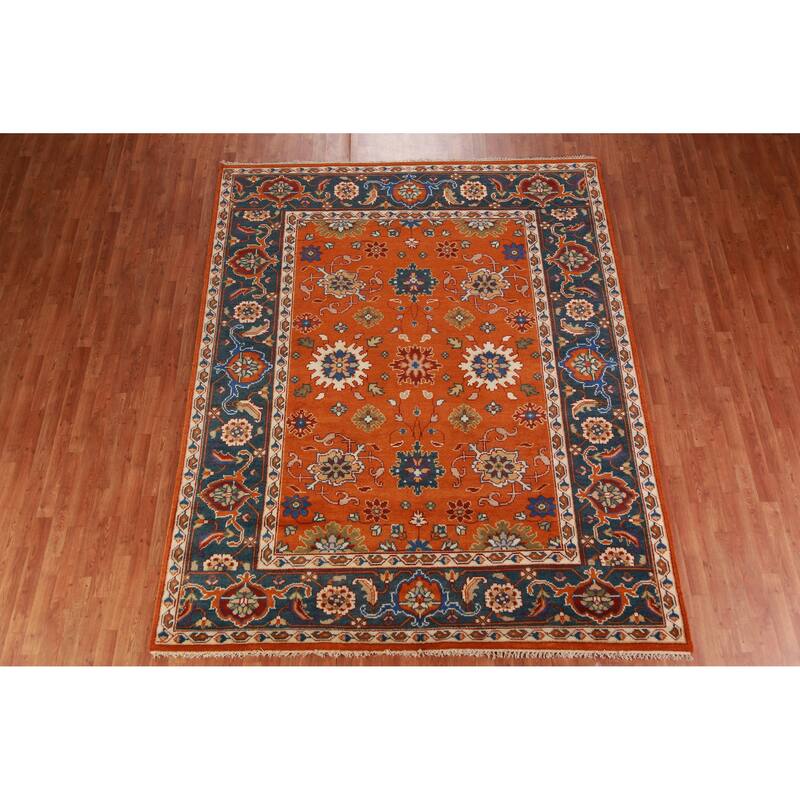 Orange Floral Oushak Indian Area Rug Hand-Knotted Wool Carpet - 7'11" x 9'11"