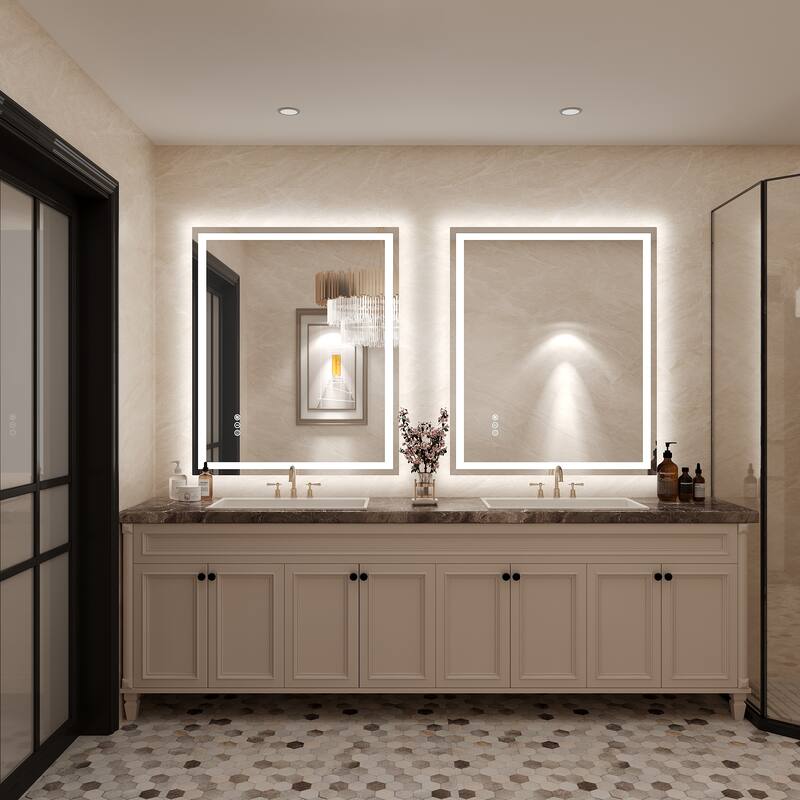 Frameless LED Front Light and Backlit 3 Colors Dimmable Anti-Fog Wall Bathroom Vanity Mirror