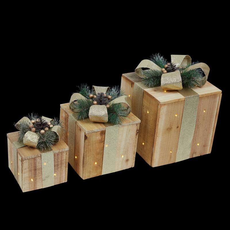 Alpine Corporation 3-Piece Decorative Wooden Christmas Gift Box Set with LED Lights