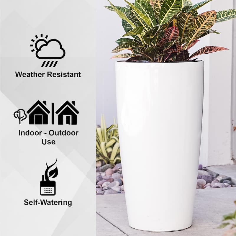XBrand 29.5" H Plastic Self Watering Indoor Outdoor Tall Round Planter Pot, Decorative Gardening Pot, Home Décor Accent