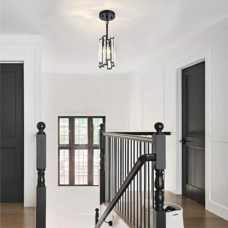1-Light Modern Glam Black/Gold Cylinder Crystal Pendant Kitchen Island Light