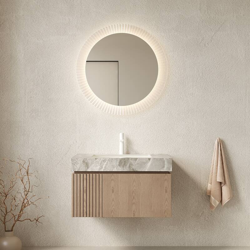 Floating Bathroom Vanity with Sintered Stone Top & Undermount Ceramic Basin with Single Pre-drilled Faucet Hole - 29.92'' x 18.9'' x 17.72'' - Light Brown and Light Gray