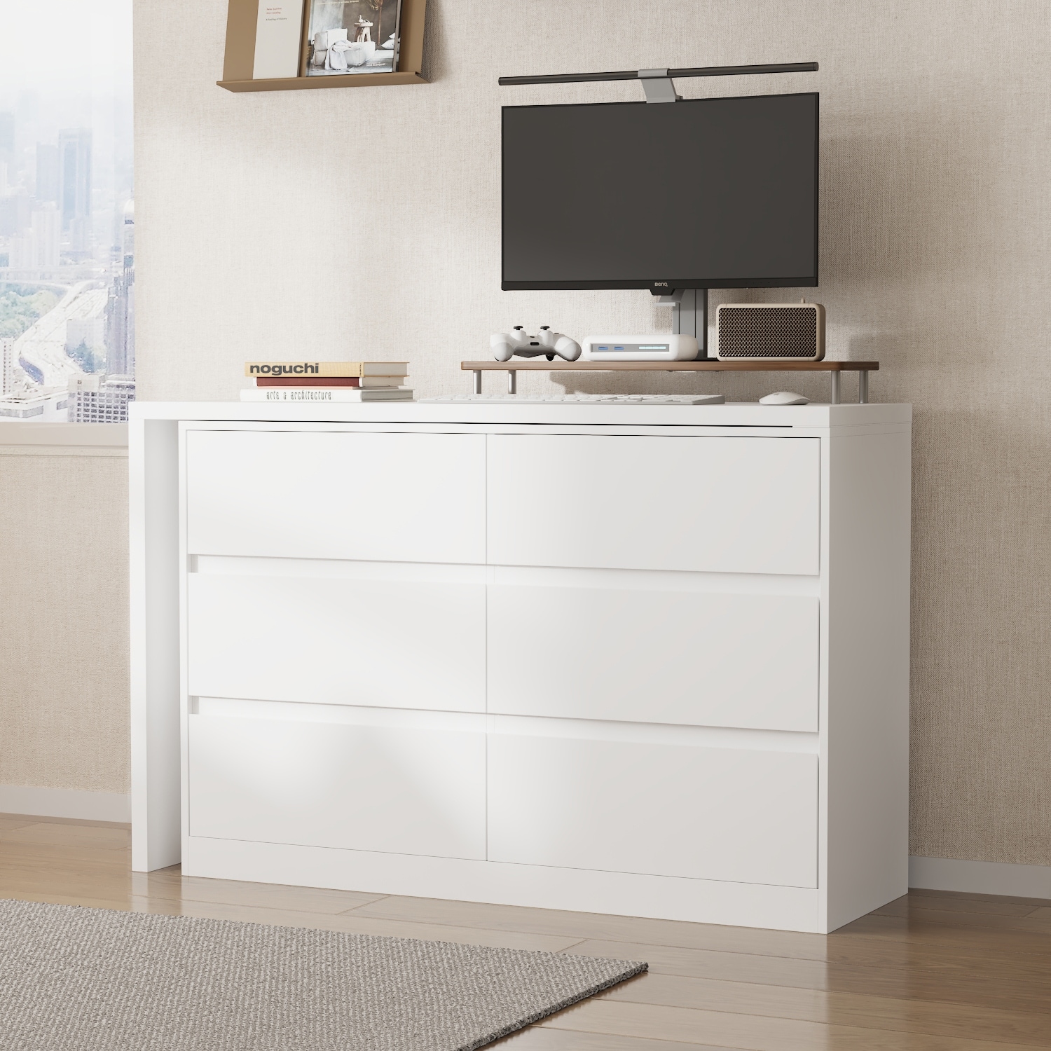 l shaped dresser FUFU&GAGA 6-Drawer L-Shaped with Rotatable Desk 47.2 in. W x 51.2 in. D x 32.7 in. H KF260058-01SD white finish contrasts beautifully with natural wood tones L-Shaped Desk with 6 Drawer