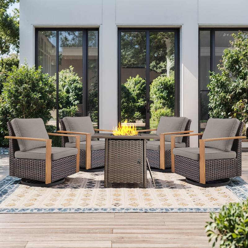 Pocassy Fire Pit Table with Outdoor Sofa Chair Ottoman Set - Brown Wicker Gray Cushion - 5-Piece Swivel Chair with Suqare Fire Table