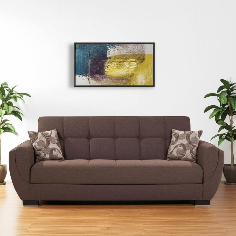 HomeRoots 93" Brown Chenille Convertible Futon Sleeper Sofa And Toss Pillows With Storage - Brown