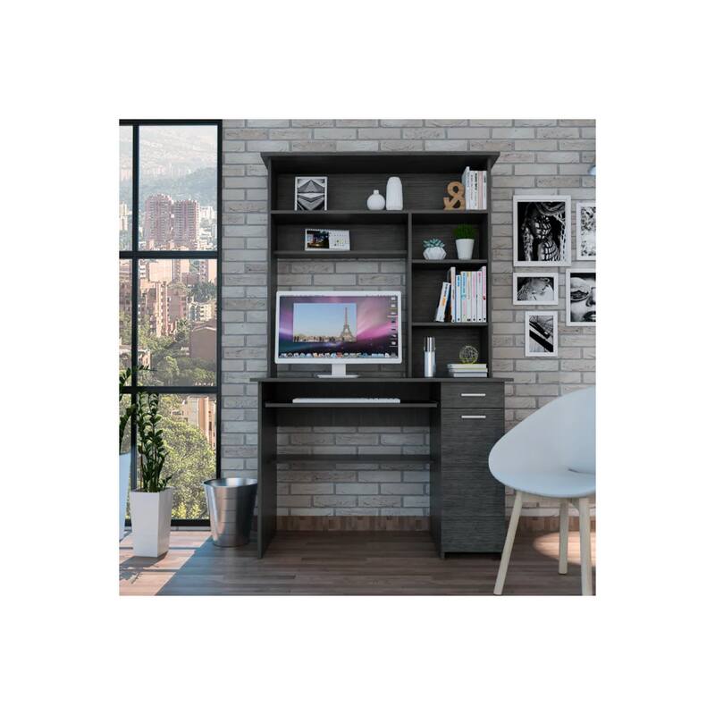 Singapore Desk - Smokey Oak Hutch & Keyboard Tray - Modern Office Computer Writing Table