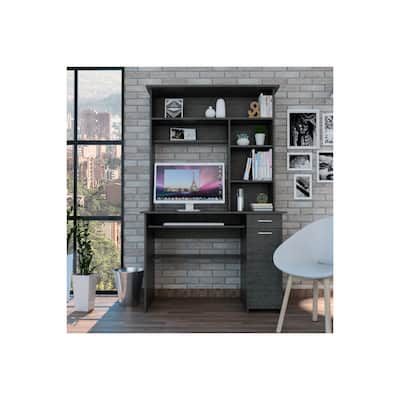 Singapore Desk - Smokey Oak Hutch & Keyboard Tray - Modern Office Computer Writing Table