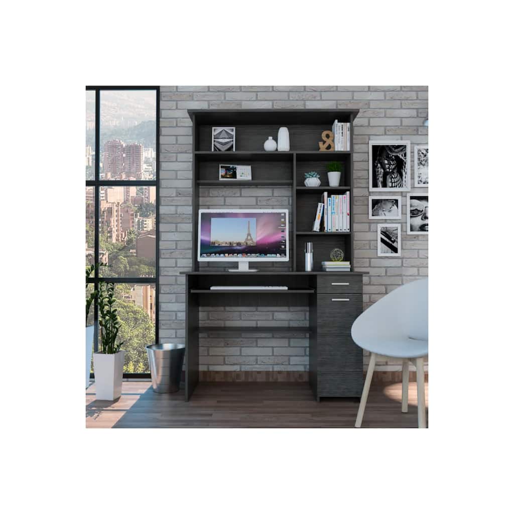 Singapore Desk - Smokey Oak Hutch & Keyboard Tray - Modern Office Computer Writing Table