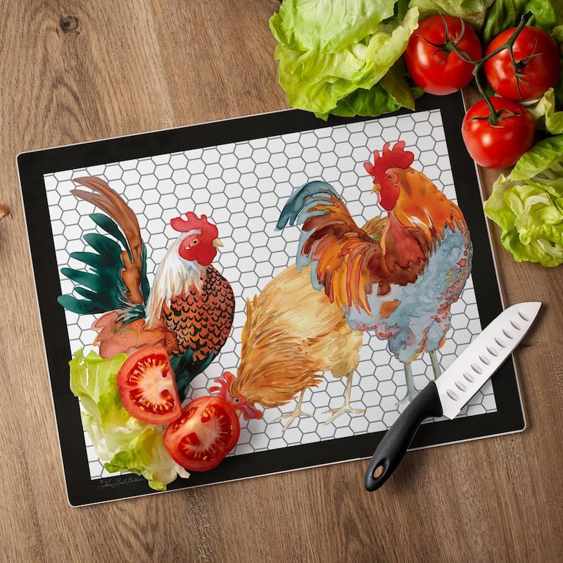 Whimsical Roosters 3mm Heat Tolerant Tempered Glass Cutting Board 15” x 12” Manufactured in the USA Dishwasher Safe