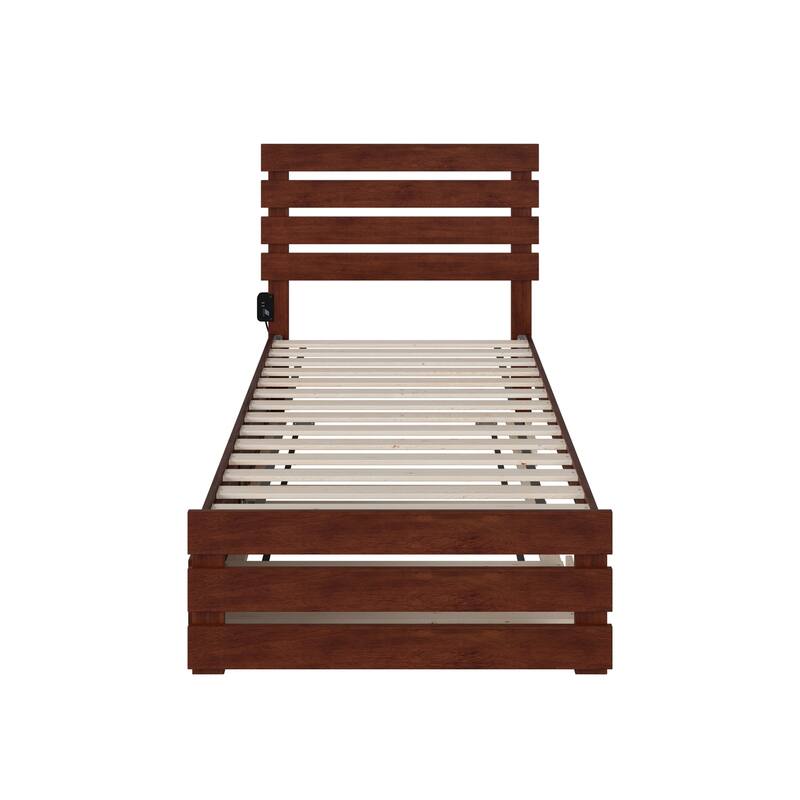 Twin XL Platform Bed with Footboard & Trundle - USB Charger - Modern Walnut Finish