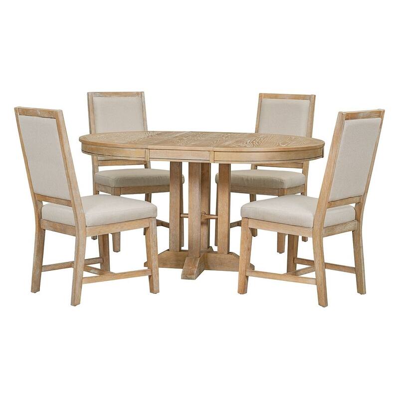 5 PCS Dining Set for 4 - Extendable Round Table with 4 Upholstered Chairs