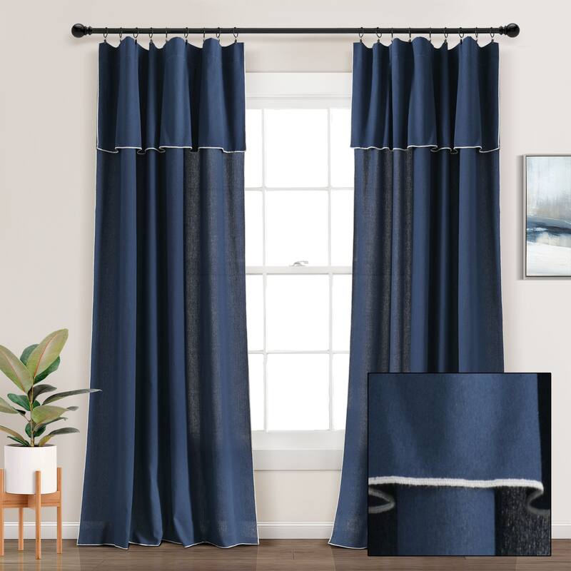 Lush Decor Modern Faux Linen Embroidered Edge With Attached Valance Window Curtain Panels Set