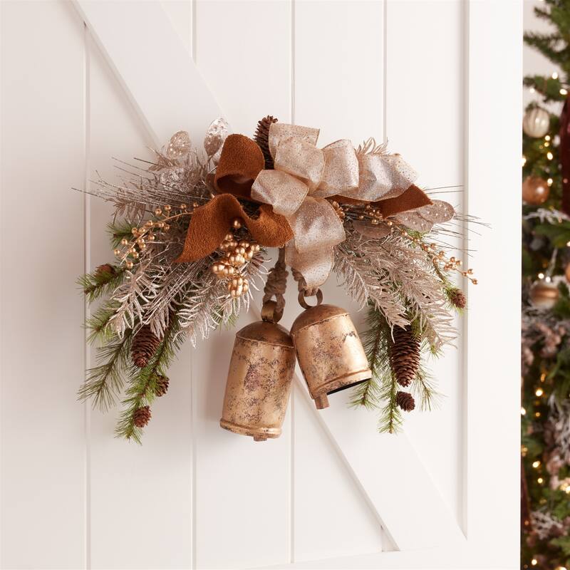 Set of 2 Distressed Gold Iron Bell Ornaments with Wooden Clapper for Farmhouse Holiday Decor - 3.25”L x 3.25”W x 6.5”H
