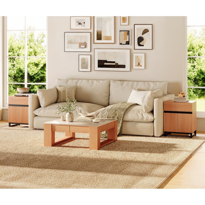 WAMPAT Modern Nightstand with 1 Drawer & 1 Storage Cabinet, Farmhouse Bedside Table with 2 Open Door forBedroom - MOCHA - 2-drawer