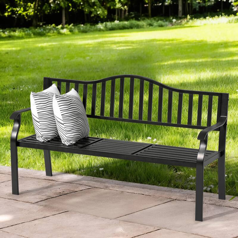 E-Coated Metal Frame Outdoor Bench with Backrest and a Built-In Small Table, Black